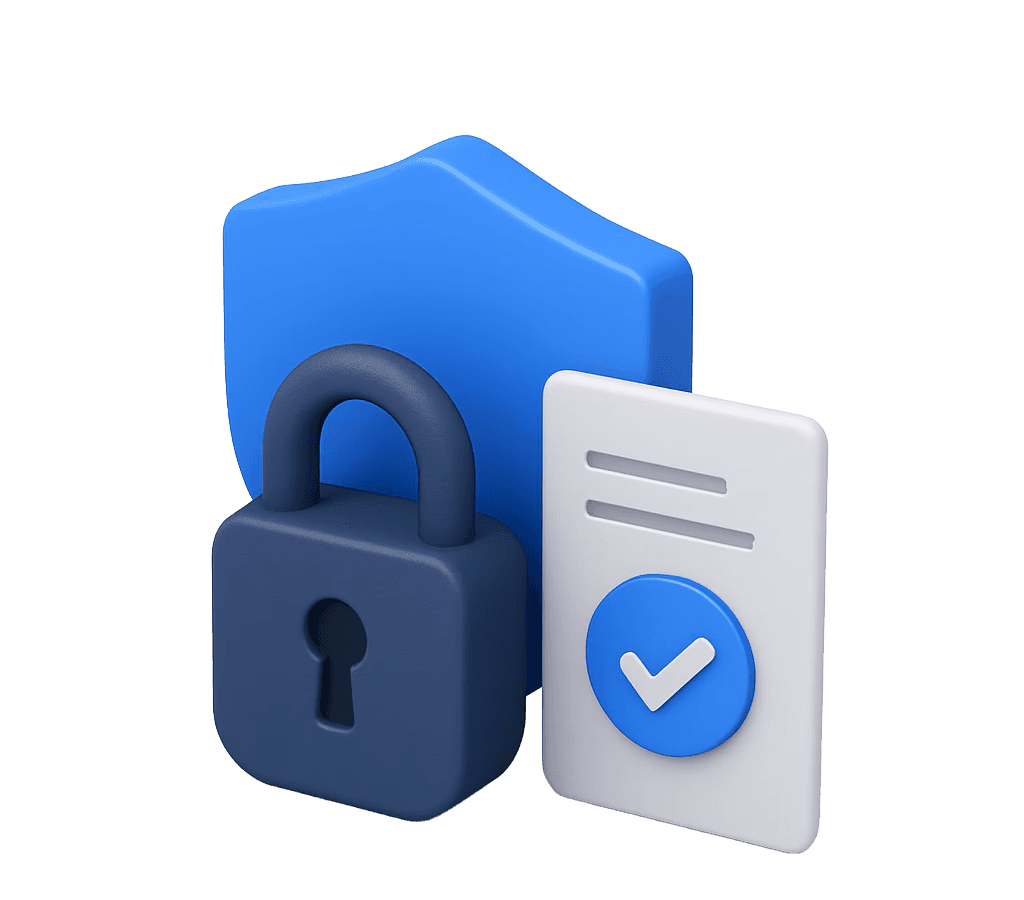 A shield, lock, and document with a checkmark on it. The Image is stylized as a blue 3D logo.