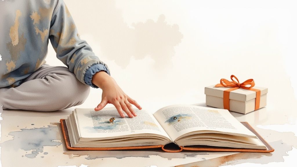 A child's hand reaches for an open storybook with illustrations, next to a gift box.