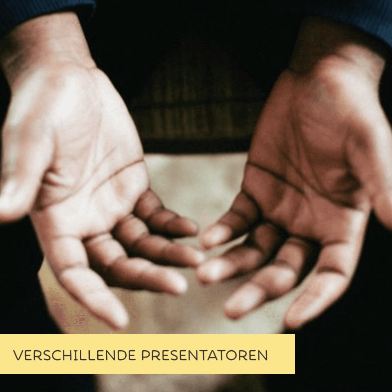 Open handen met de tekst van verschillende presentatoren