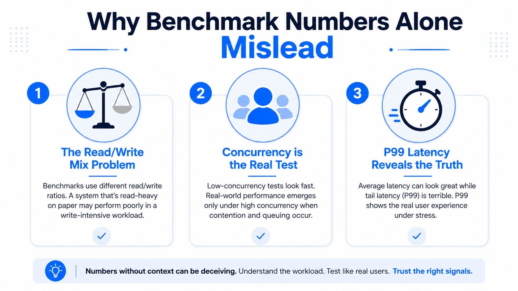 An infographic explaining why benchmark numbers alone mislead, detailing three key factors in performance.