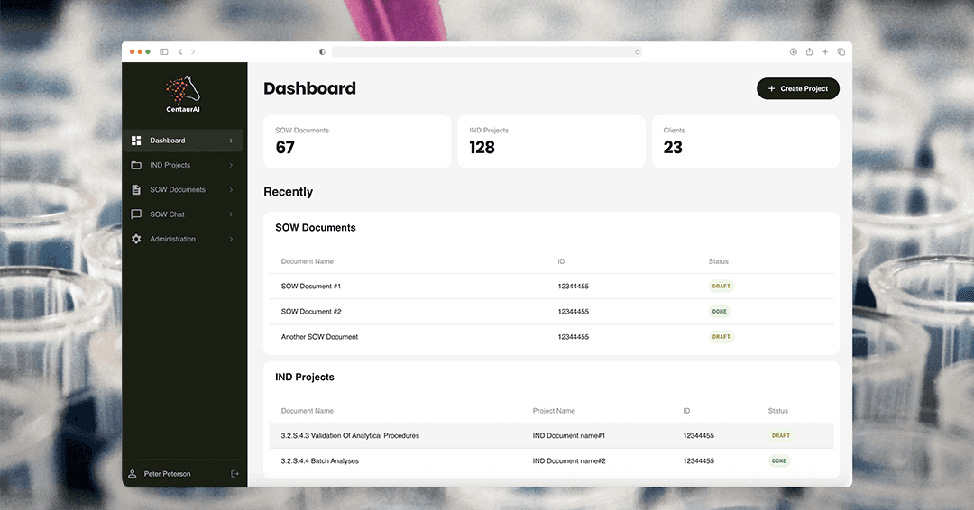Laptop displaying the Centaur.ai platform interface, where AI generates draft IND regulatory content that can be reviewed and refined by subject matter experts, illustrating a human‑in‑the‑loop approach to scalable regulatory writing.