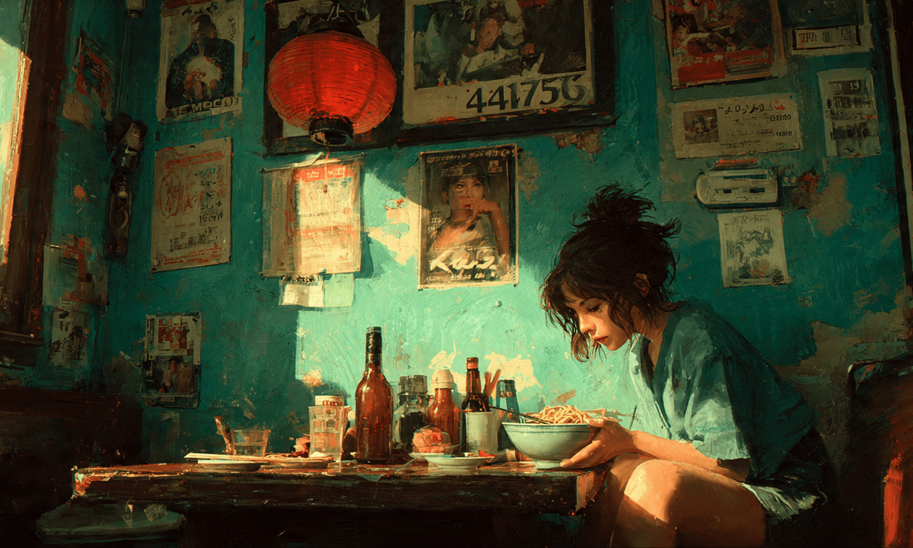 An artistic illustration of a young woman eating noodles in a vintage room.