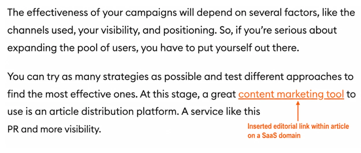 An example of an editorial link insertion within a blog post on a SaaS domain, highlighting the anchor text 'content marketing tool' with an explanatory arrow.