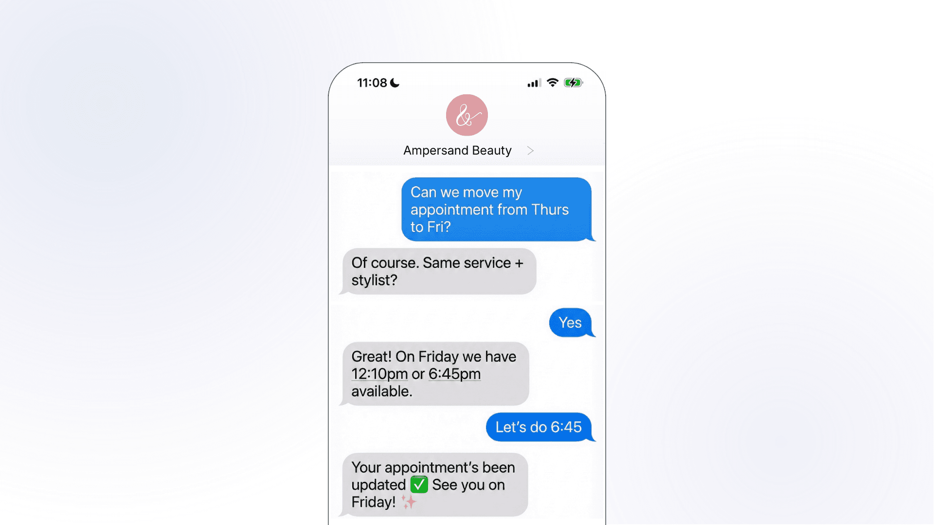 A smartphone mockup showing an Ampersand Beauty SMS conversation where a customer reschedules their appointment from Thursday to Friday at 6:45pm, with the same service and stylist, in just five messages.