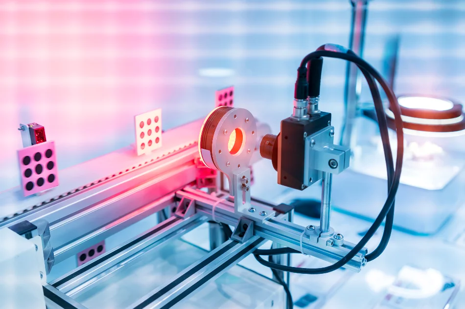 Close-up view of an automated industrial machine with sensor and robotic arm components in a bright, modern laboratory setting.