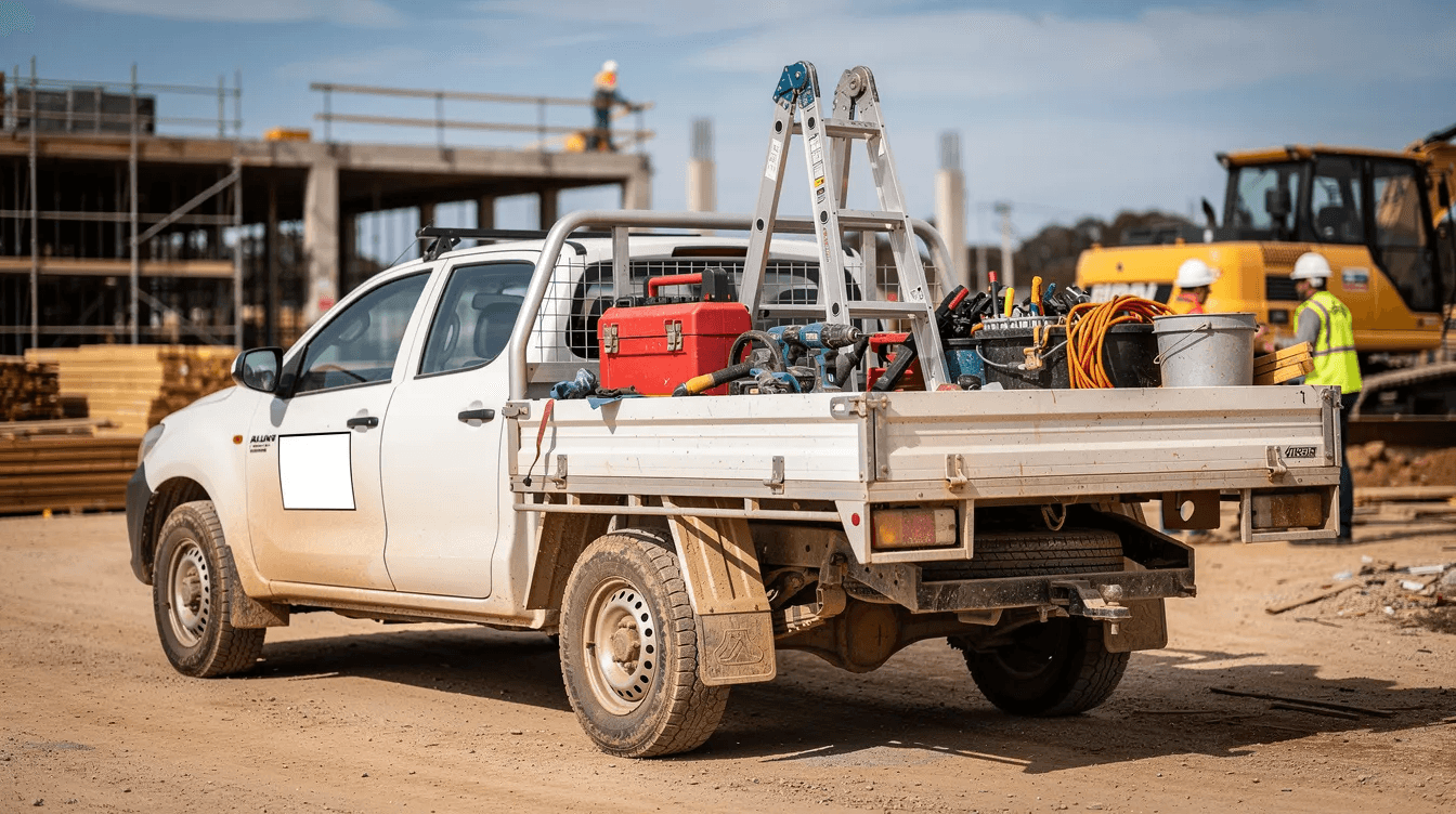 A white work ute is parked on a construction site, with various tools visible in the tray, indicating its use for business purposes. This vehicle may be financed through options like a chattel mortgage or finance lease, providing potential tax benefits and input tax credits for GST registered businesses.
