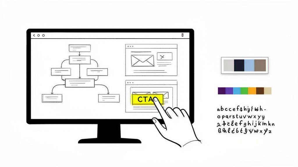 A hand points to a monitor displaying website wireframes, a flowchart, color palettes, and typography.