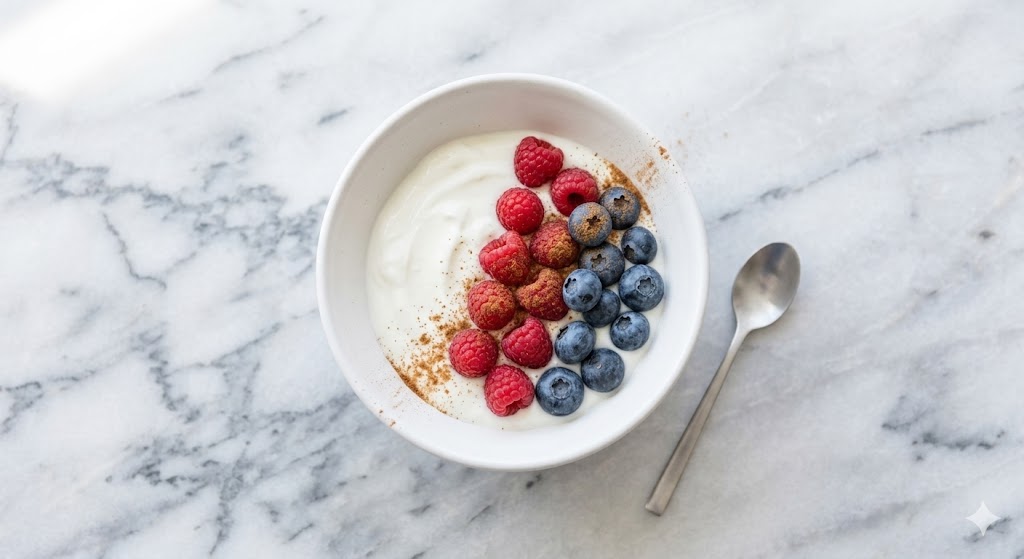 A top-down view of a white ceramic bowl filled with creamy Greek yogurt, topped with a row of fresh red raspberries and a row of blueberries, sprinkled with ground cinnamon, on a marble surface next to a spoon.