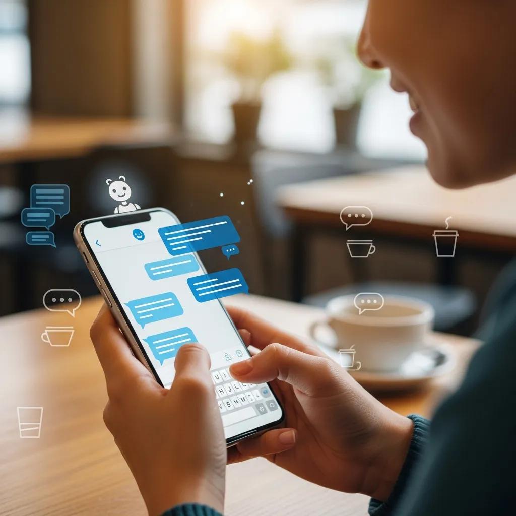 User engaging with a chatbot on a smartphone in a café setting