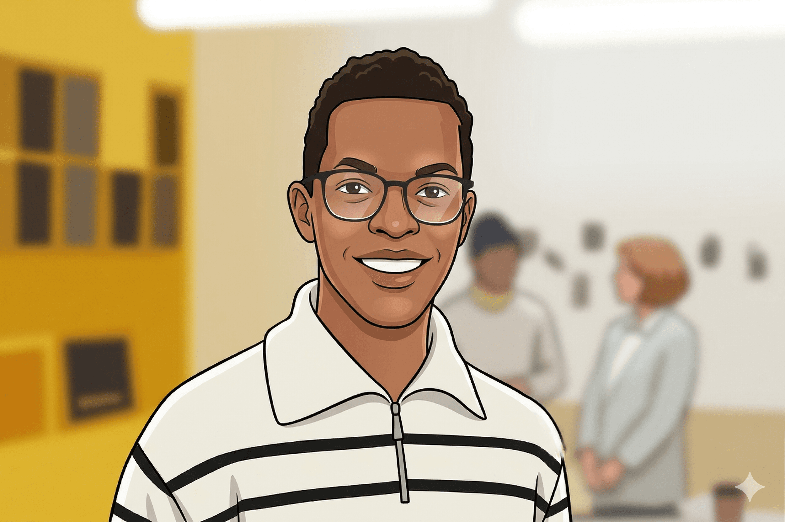 Illustrated headshot of Danny Shaw wearing glasses and a white striped polo shirt, smiling in front of a yellow building with blurred colleagues in the background.