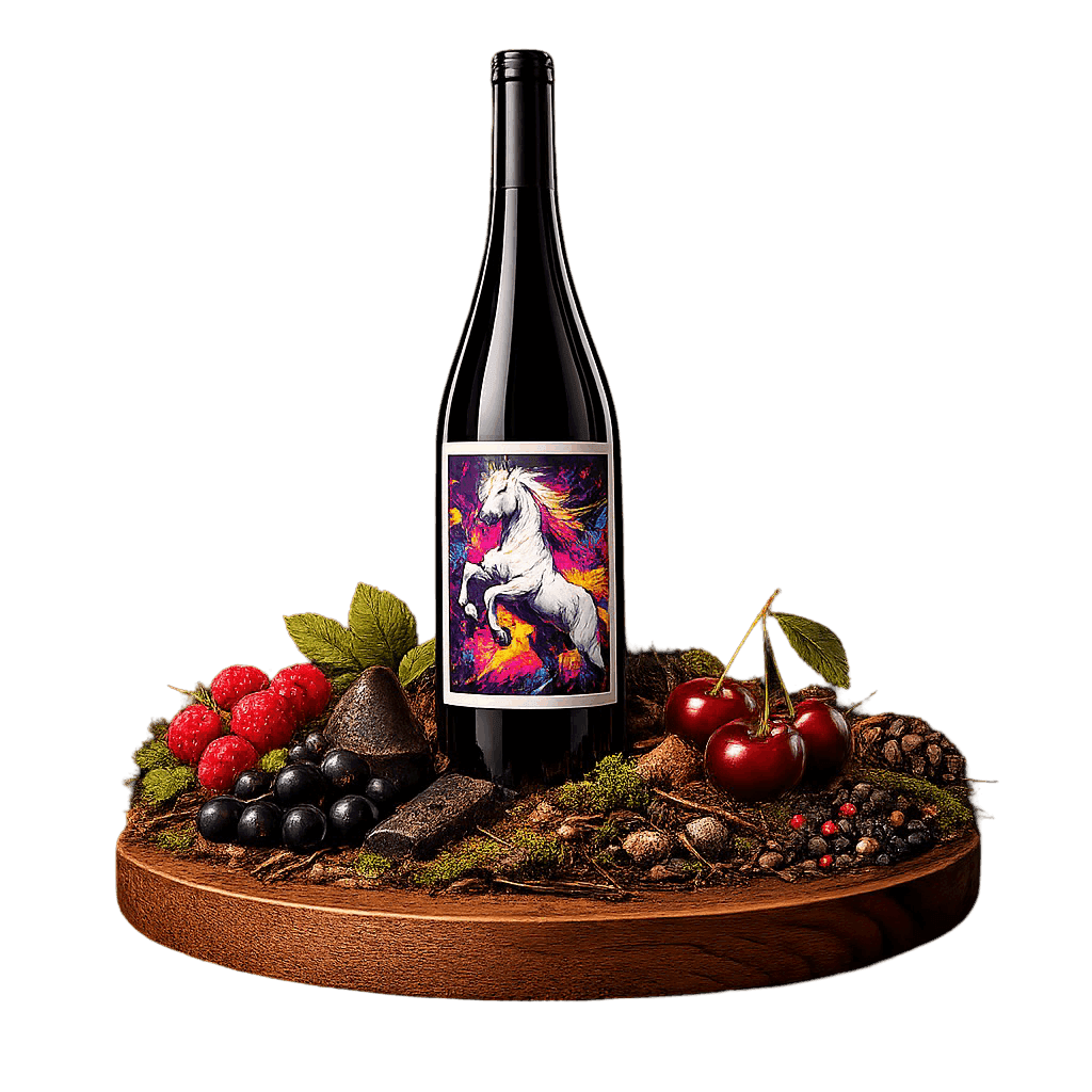 Artistic label and flavor profile for Karst Teran Red on a rustic wooden table.