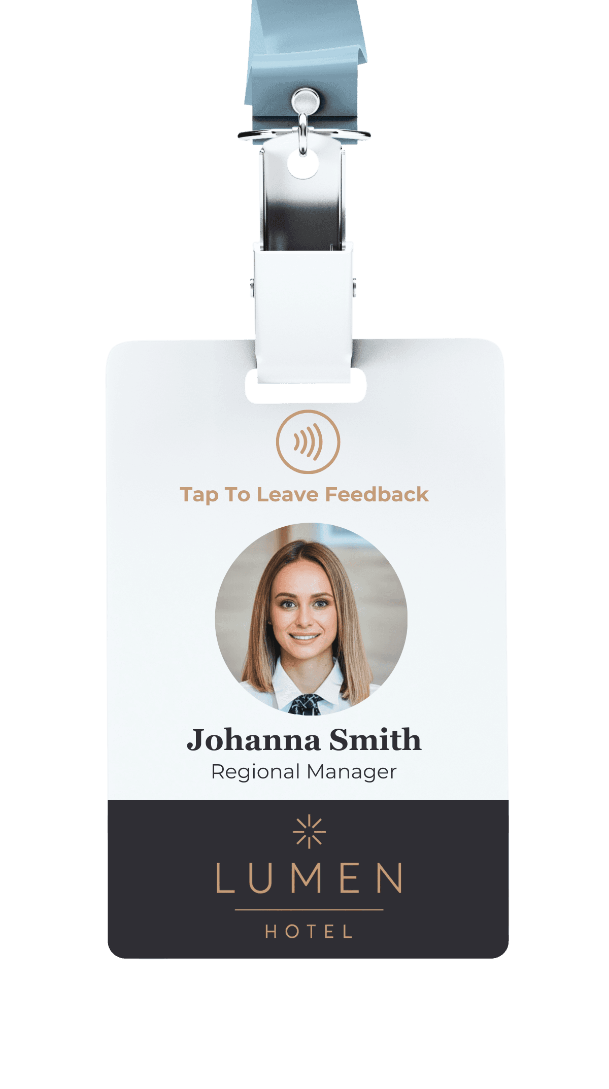 Image of an NFC "Smart" badge, which says "Tap to leave feedback"