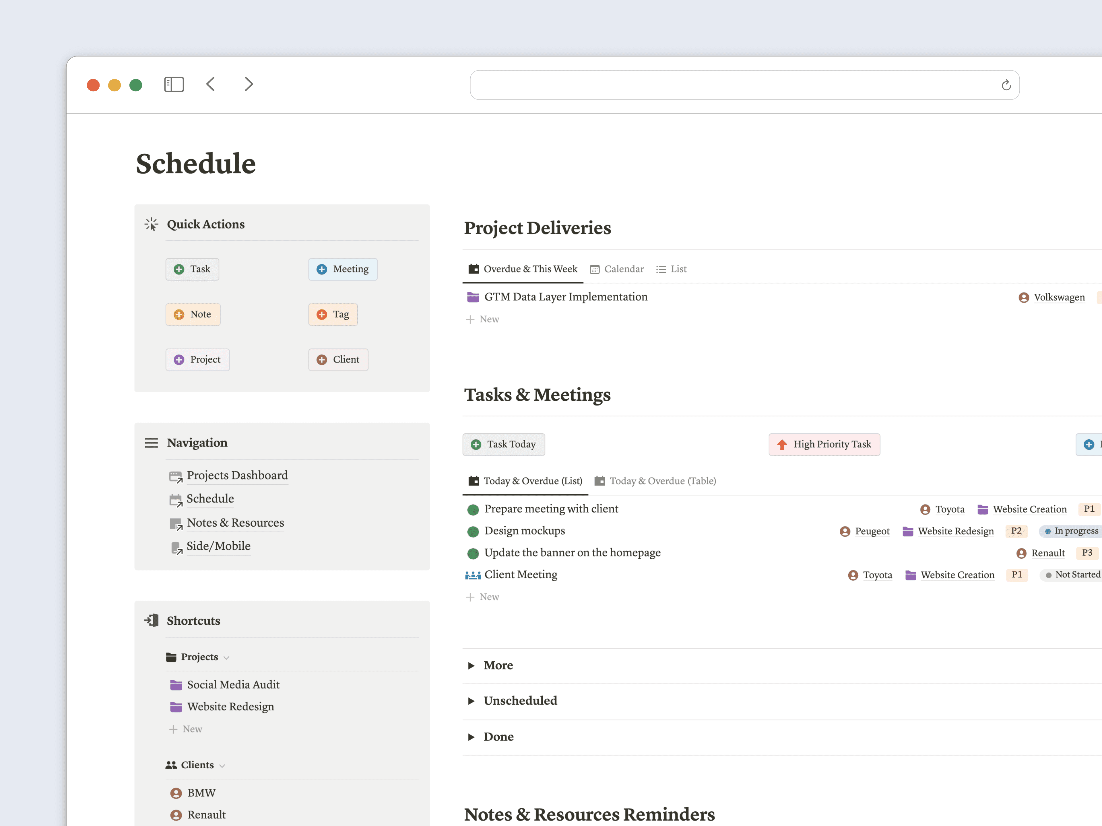 Schedule dashboard in Notion showing tasks, meetings, and upcoming deadlines for today and the week