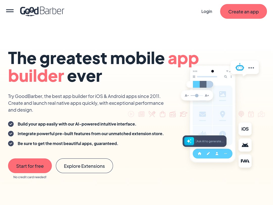 The image showcases a webpage promoting a mobile app builder, highlighting its ease of use and features such as AI-powered interface and extensive extension store, with a call-to-action button to start for free.