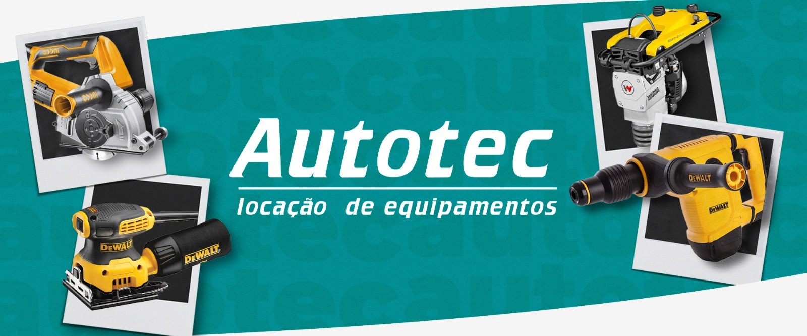 Foto de várias ferramentas disponíveis para locação, com o logo da Autotec ao centro e fundo verde