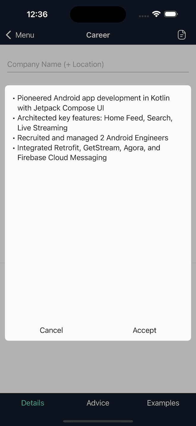 AI Assistant screen of the CV Engineer app