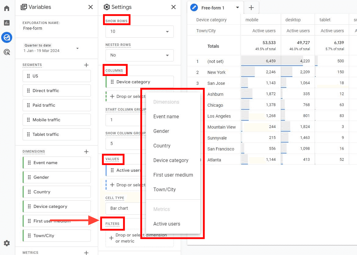 GA4 Dashboard Explorations Rows Columns Values and Filters