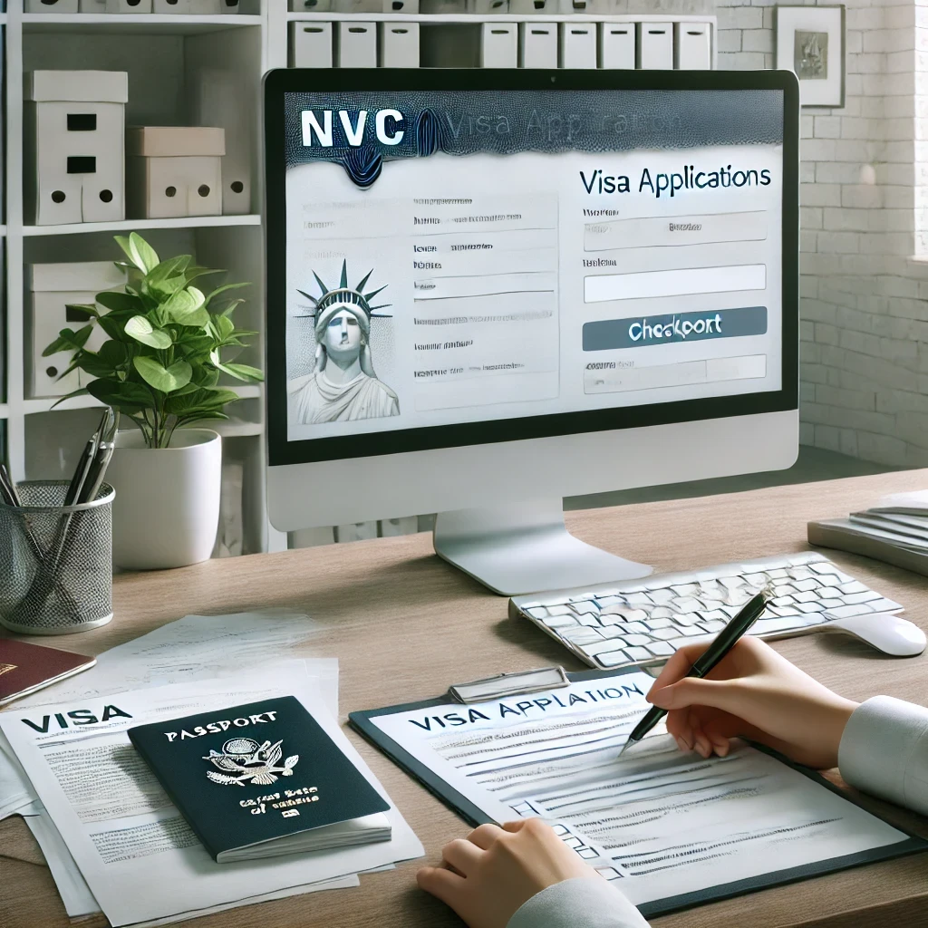 A professional office setting with a person organizing immigration documents, including visa applications and forms, on a desk. A computer screen displaying the NVC portal is visible in the background, while a passport, checklist, and pen are neatly arranged on the desk. The environment has a calm and organized feel, with light, modern decor and subtle immigration-related themes.