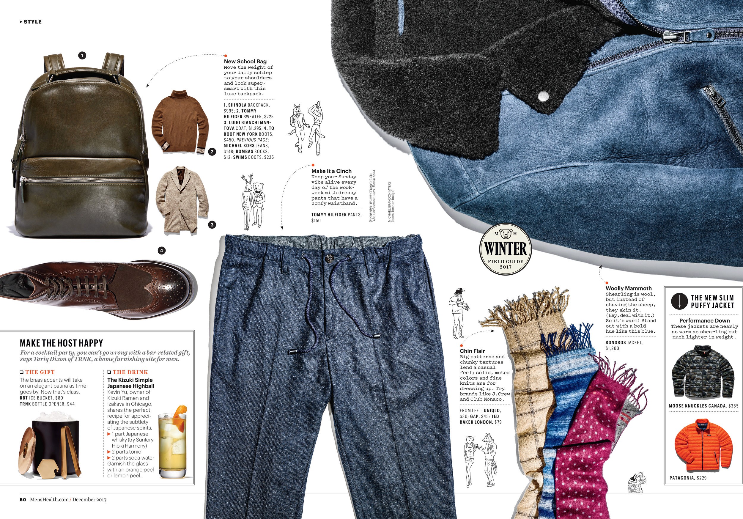 A magazine spread of different winter fashion items, there's a mix of illustration and an insert showing a cocktail and an ice bucket