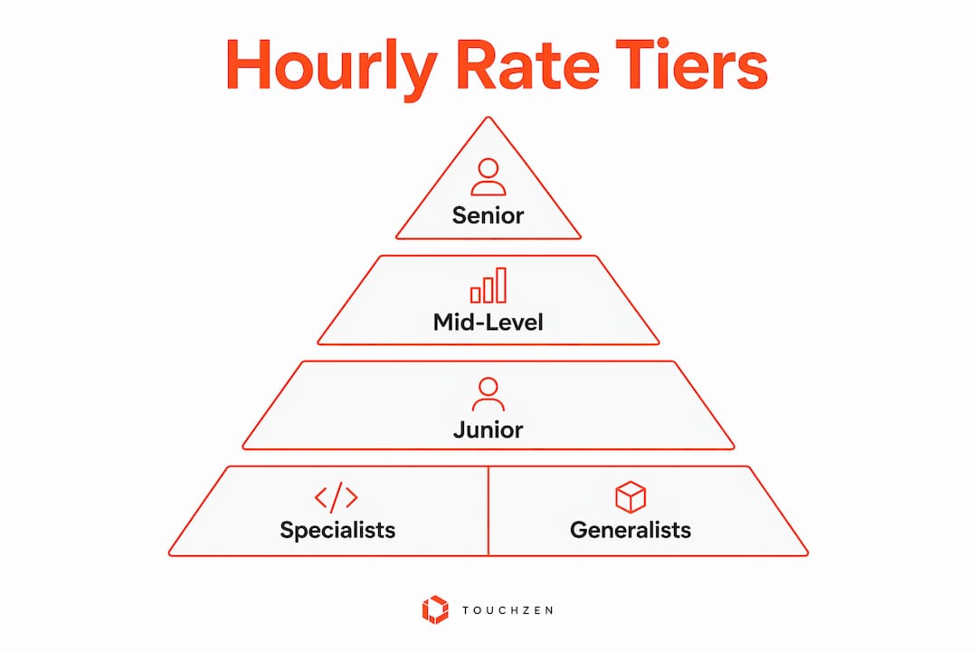Infographic showing React Native developer hourly rate tiers