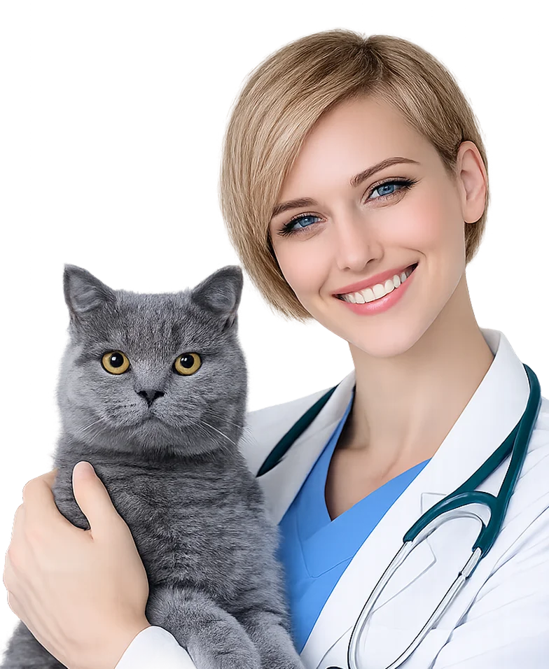 Female vet holding gray cat