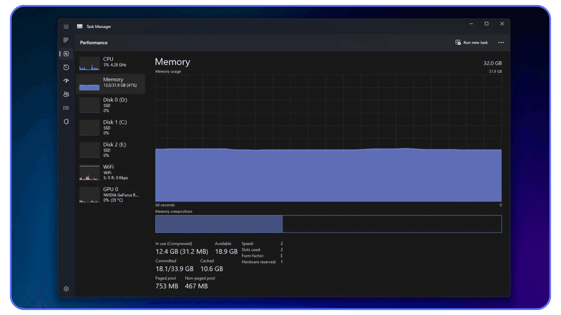 Windows Task Manager showing memory usage graph, highlighting how monitoring RAM consumption can help prevent ZBrush from crashing.