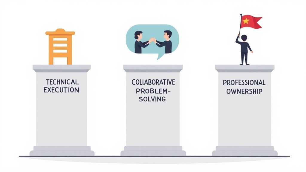 Three pillars of work readiness: technical execution, collaborative problem-solving, and professional ownership illustrated with icons