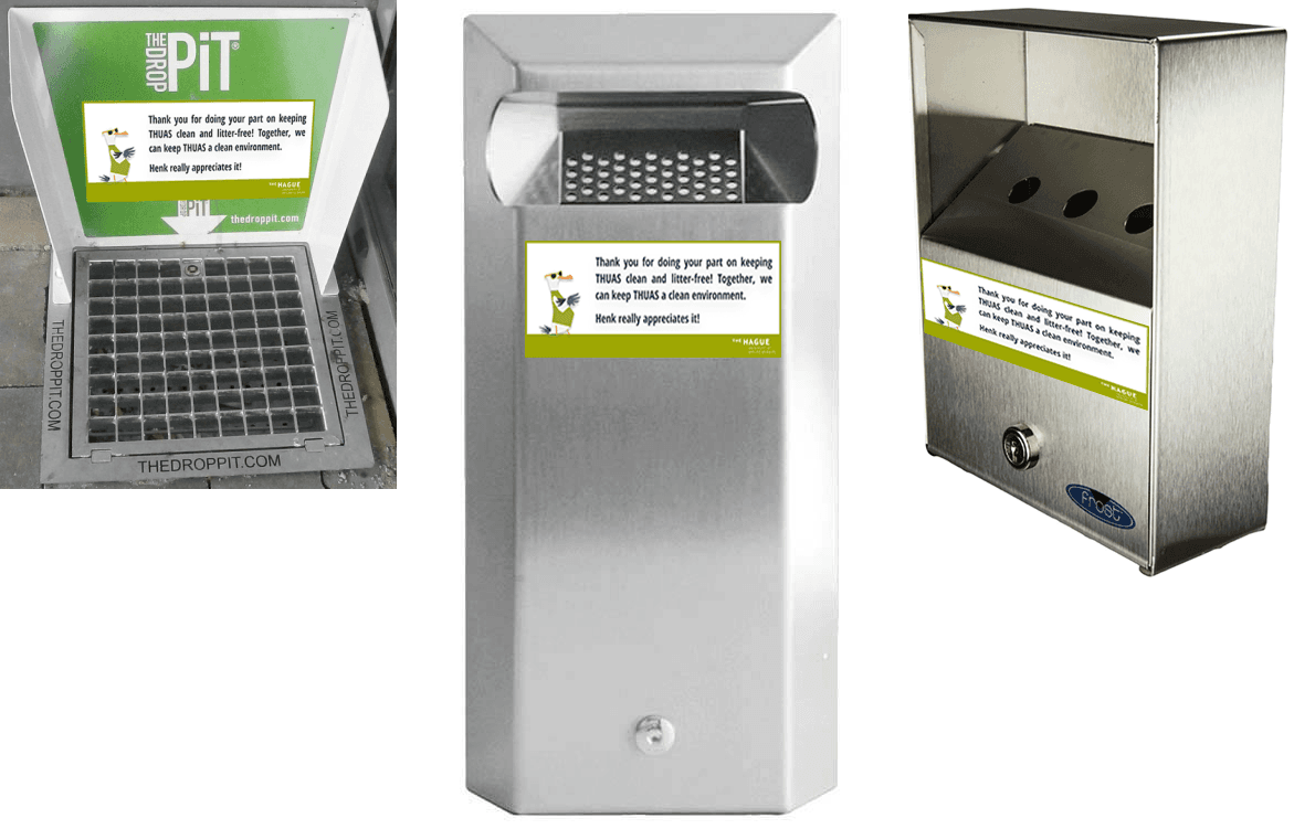 mock up of a bin stickered with a message to keep the campus litter free and to dispose of the cigarette buds correctly