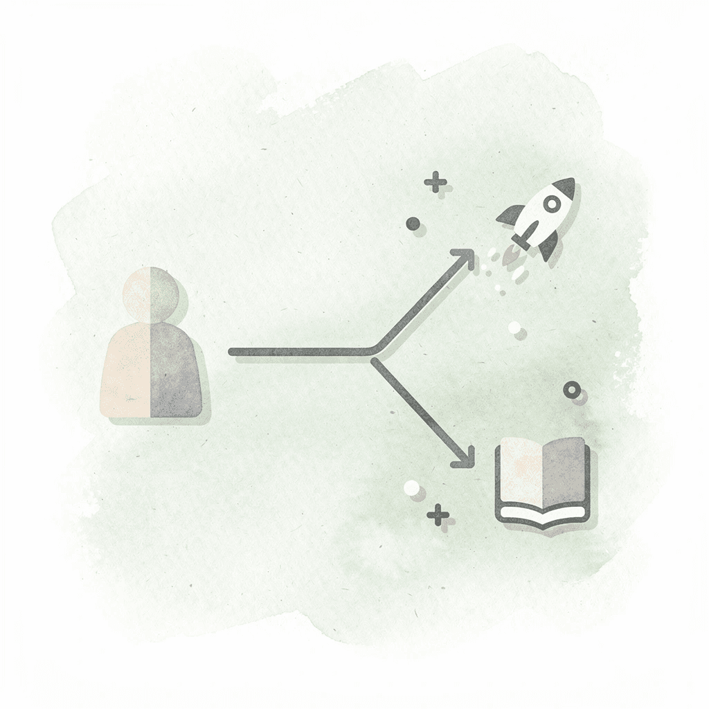 Icon showing a single path splitting into two outcomes representing right and wrong software choices