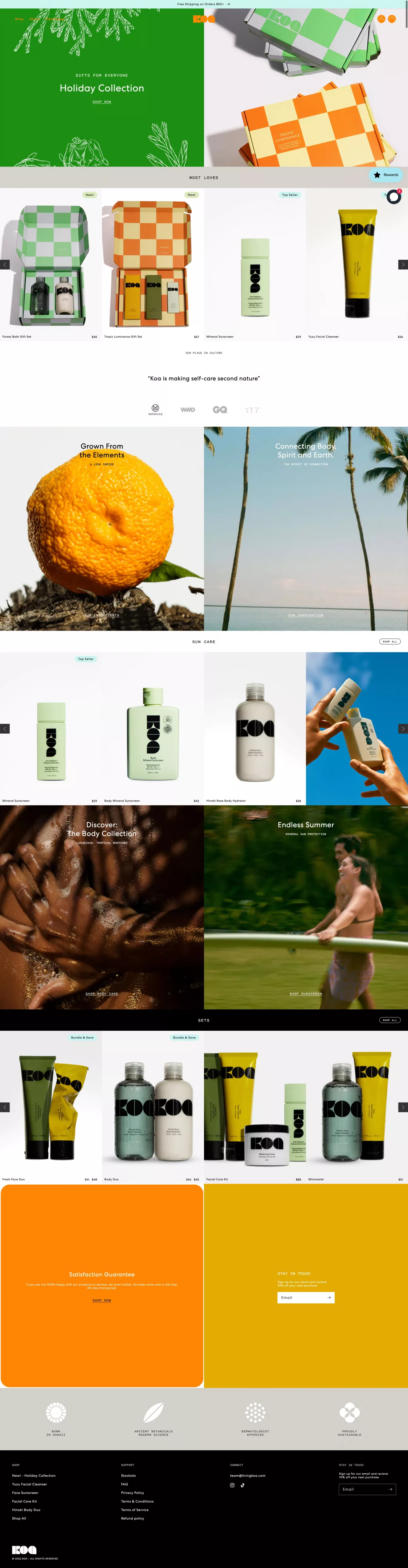 Koa - Tropic Active Skincare ecommerce page screenshot showcasing Beauty and Ecommerce design
