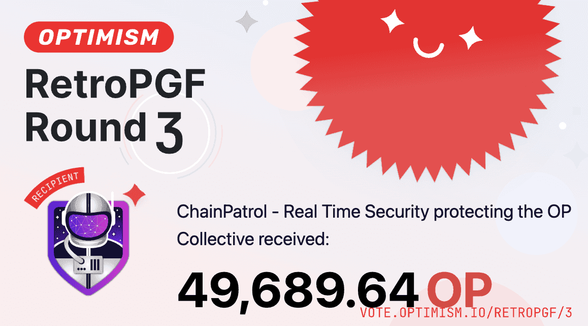 a graphic showing the chainpatrol logo and text that reads "Optimism Retropgf Round 3, 49689 OP received"