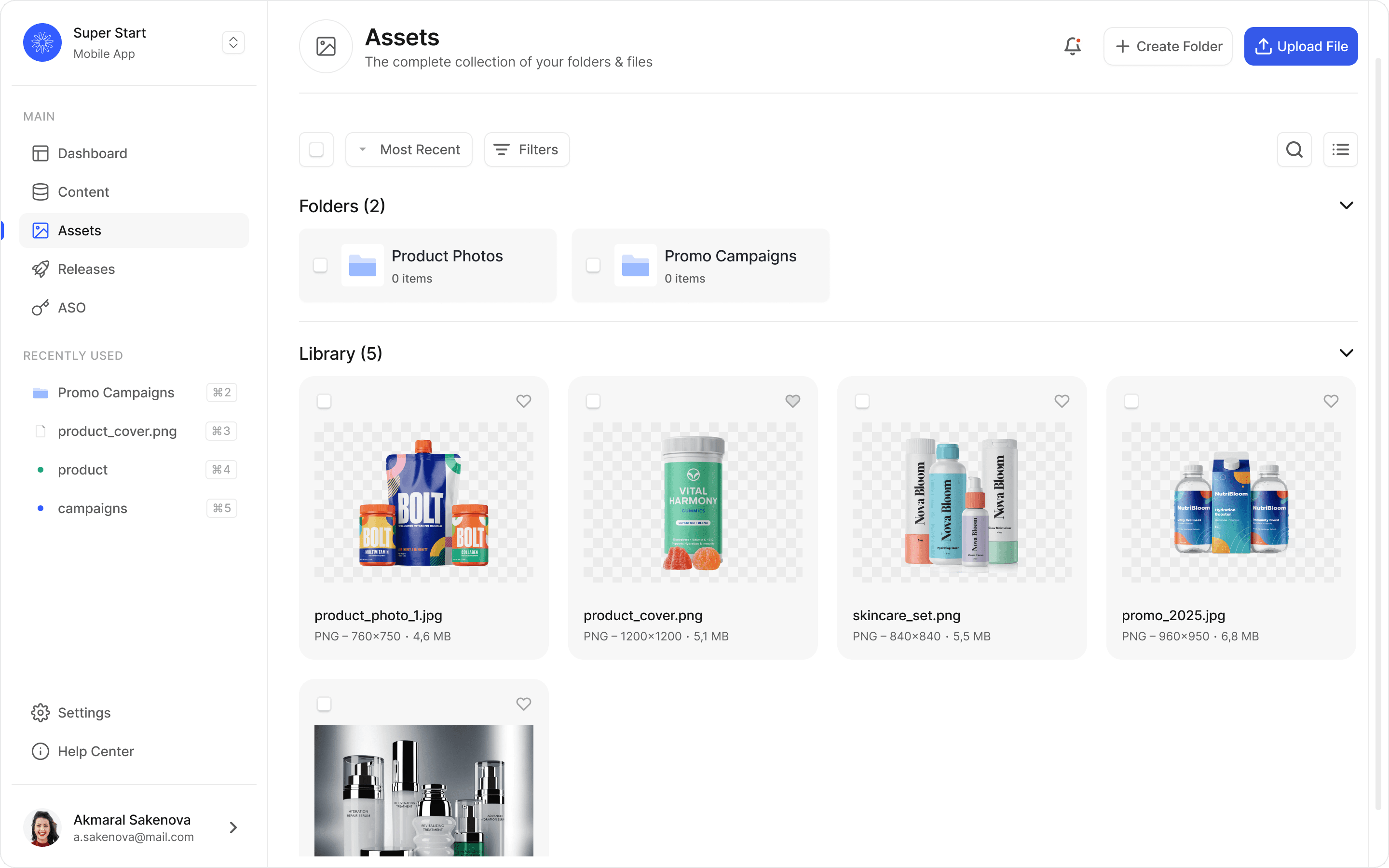 CMS interface for an app, featuring organized folders for product photos and a visual library of marketing images