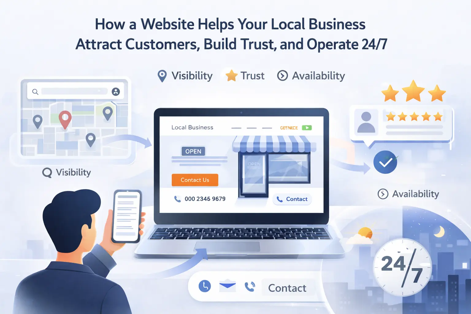 Propietario de negocio local viendo su web en internet