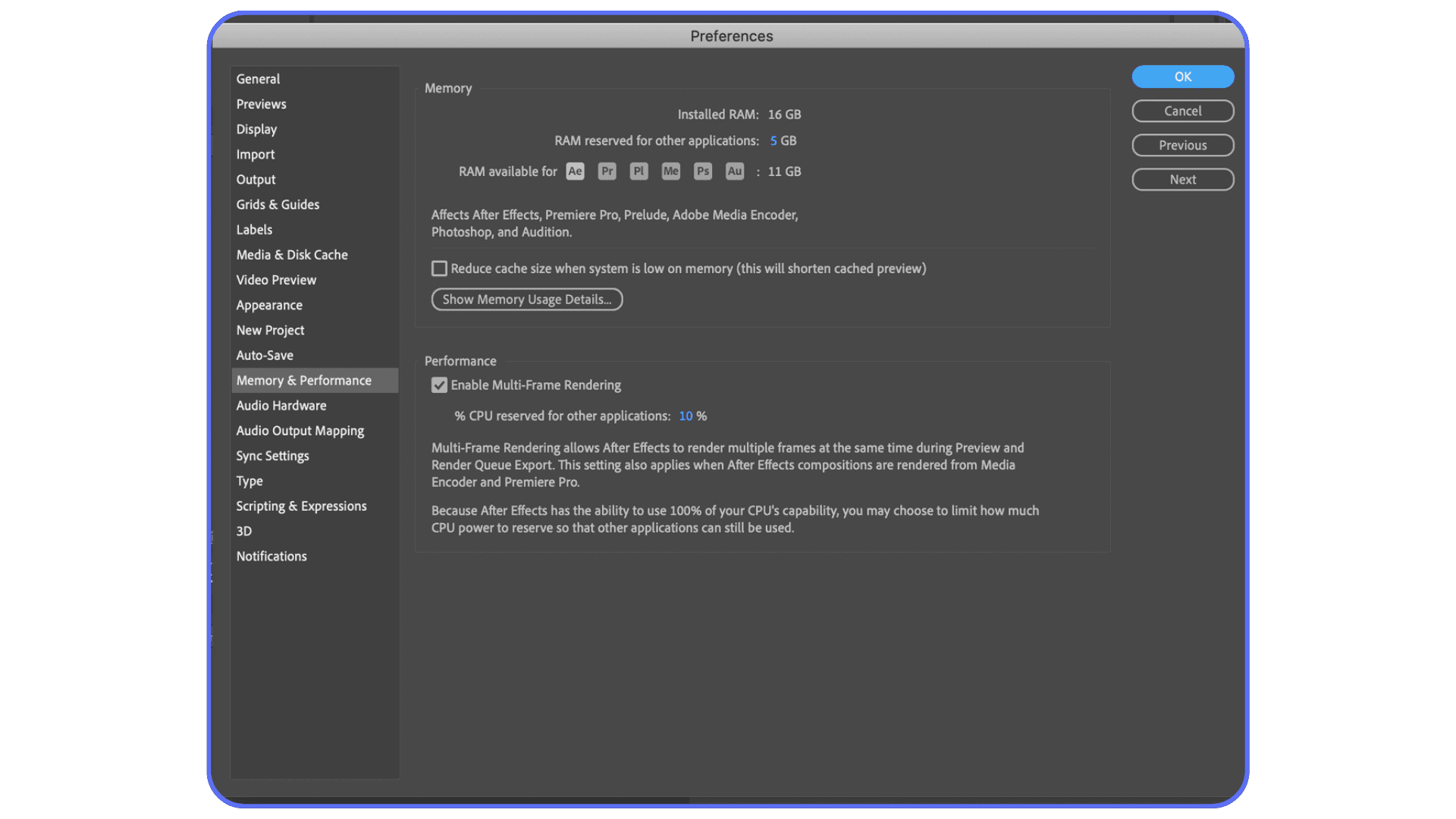 After Effects Memory and Performance settings showing RAM allocation and multi-frame rendering enabled