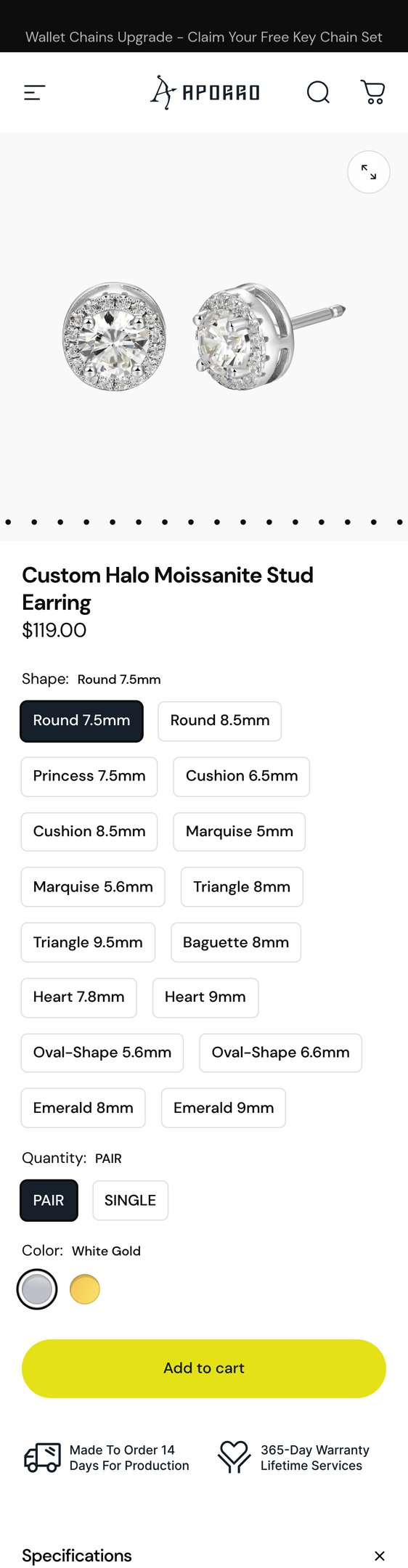 Jewelry product options include: earring for Custom Halo Moissanite Stud Earring from APORRO.