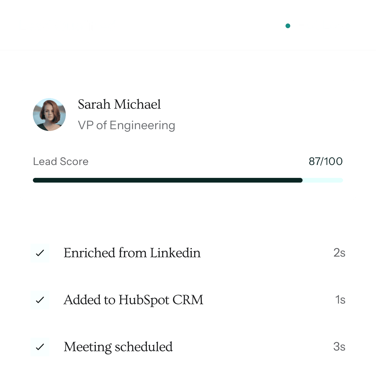 AI automation dashboard showing lead qualification data, scoring insights, and CRM workflow automation in a clean UI.