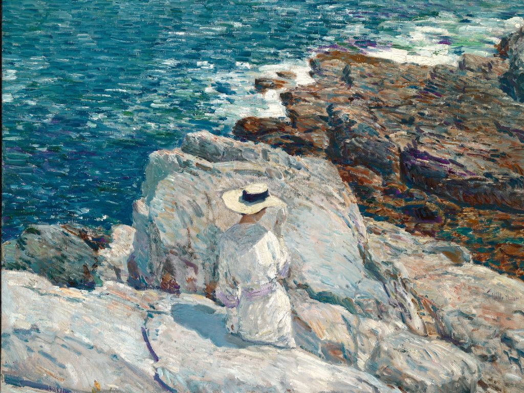 oil painting of the coastal sea with a woman in white wearing a sun sun sitting on the rocks nearby