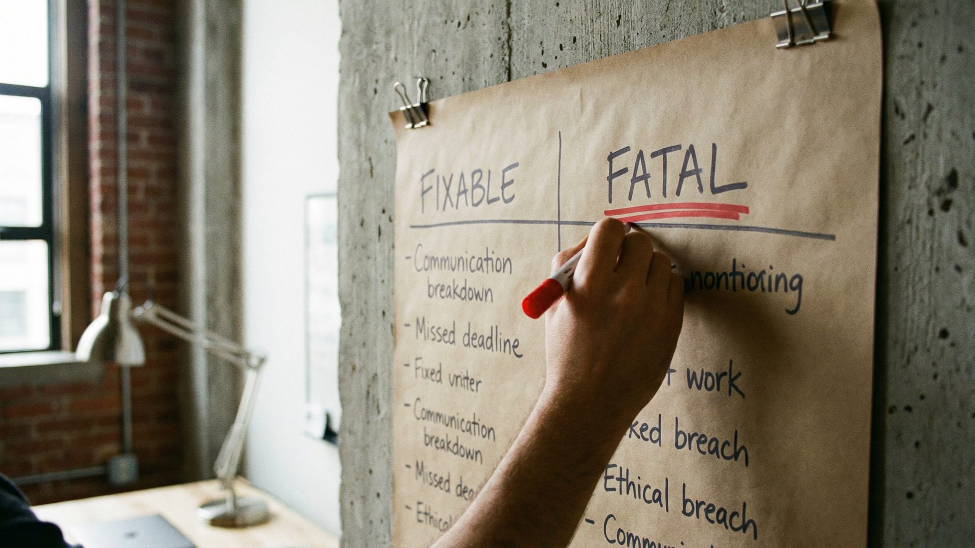 A flowchart on a whiteboard titled "Fixable vs. Fatal?" with branches for different manufacturing problems leading to either "Salvageable" or "Initiate Switch Protocol."