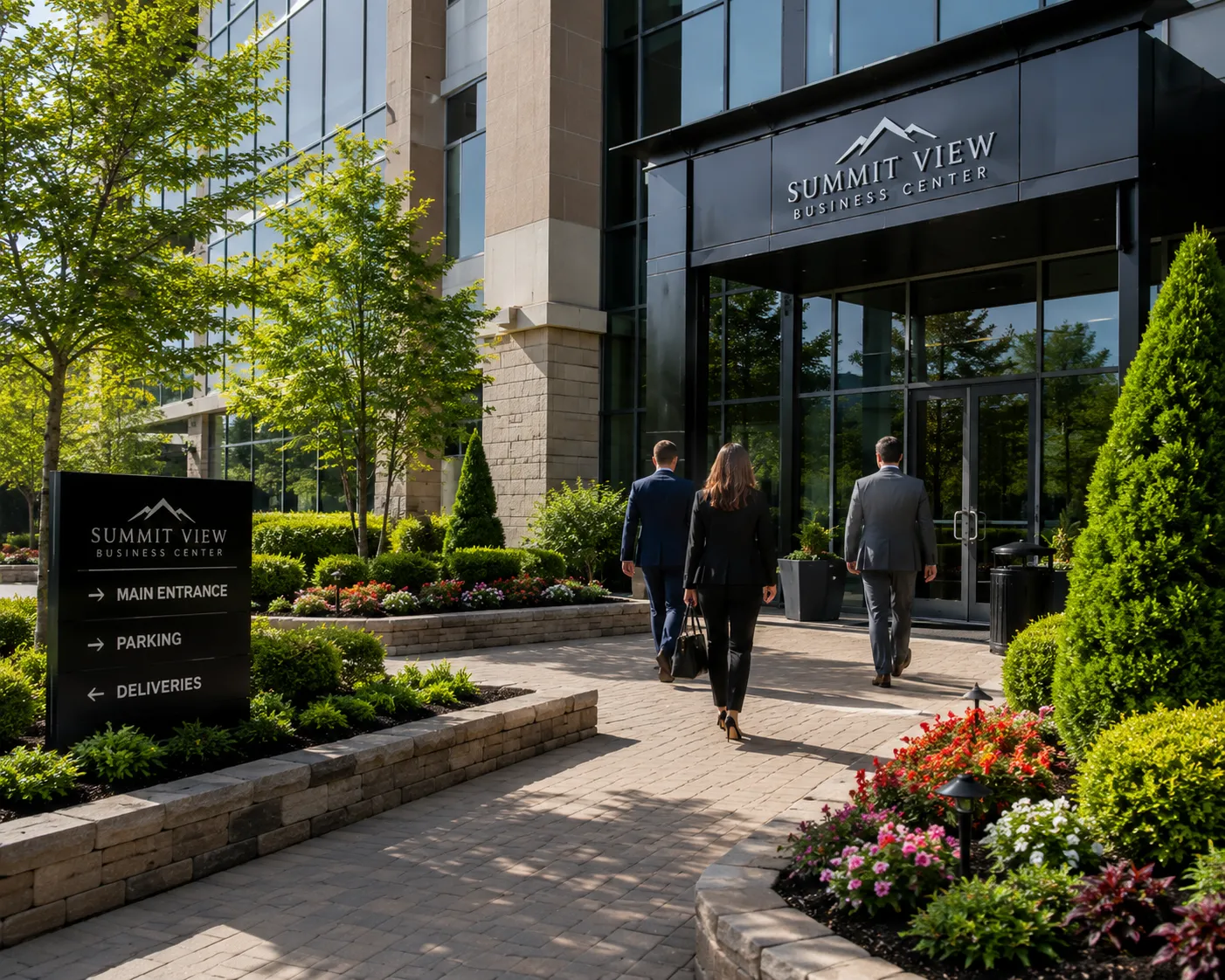 Commercial property landscaping with maintained lawn and planting areas