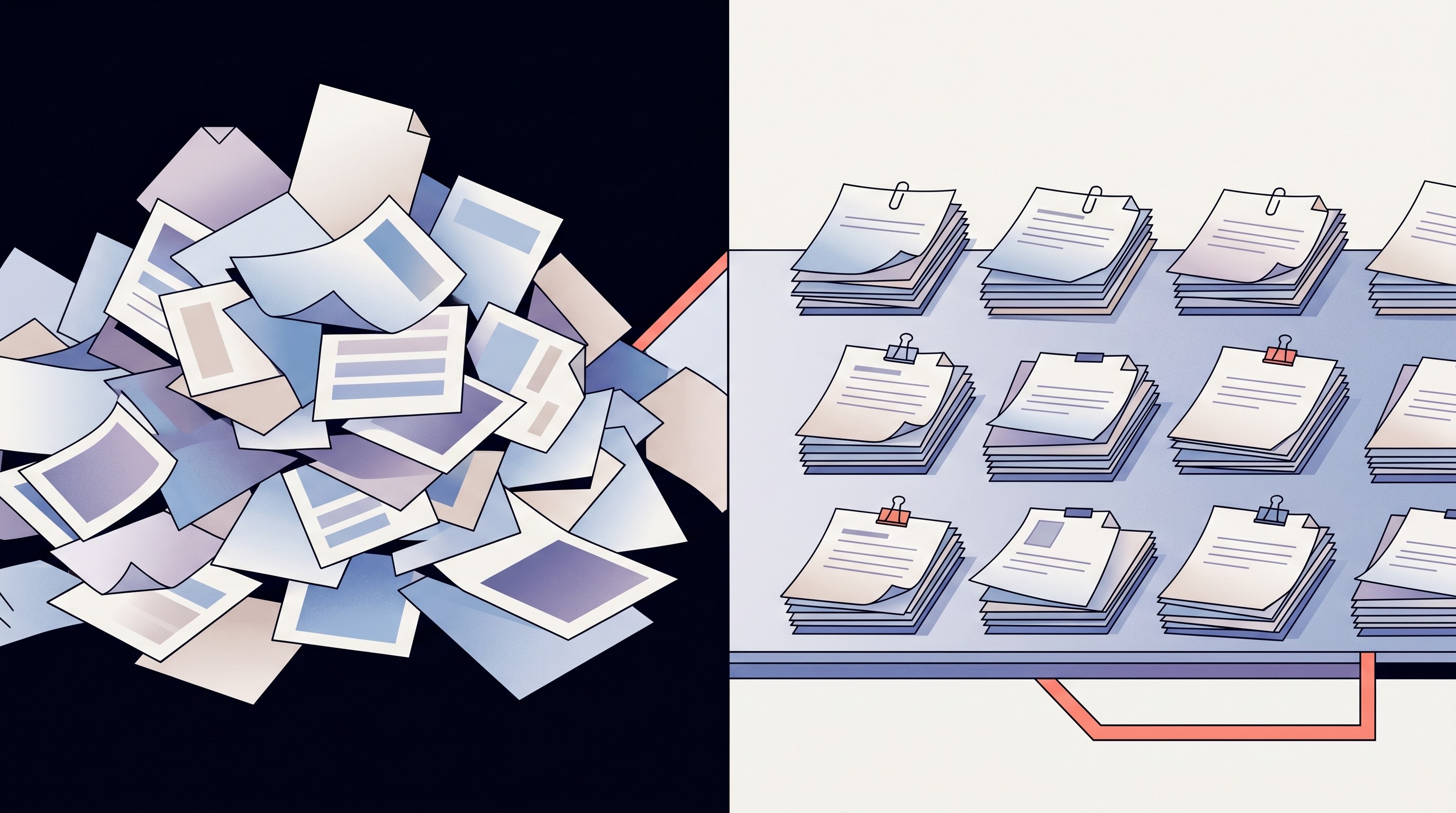 Printed abstracts sorted into messy and organized piles