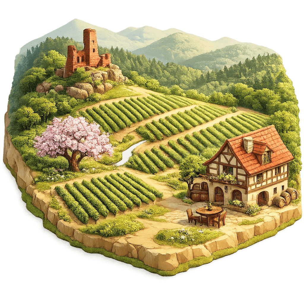 Artistic illustration of the Pfalz wine region.