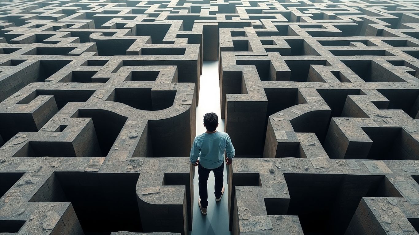 Person navigating a maze towards a bright, clear exit.