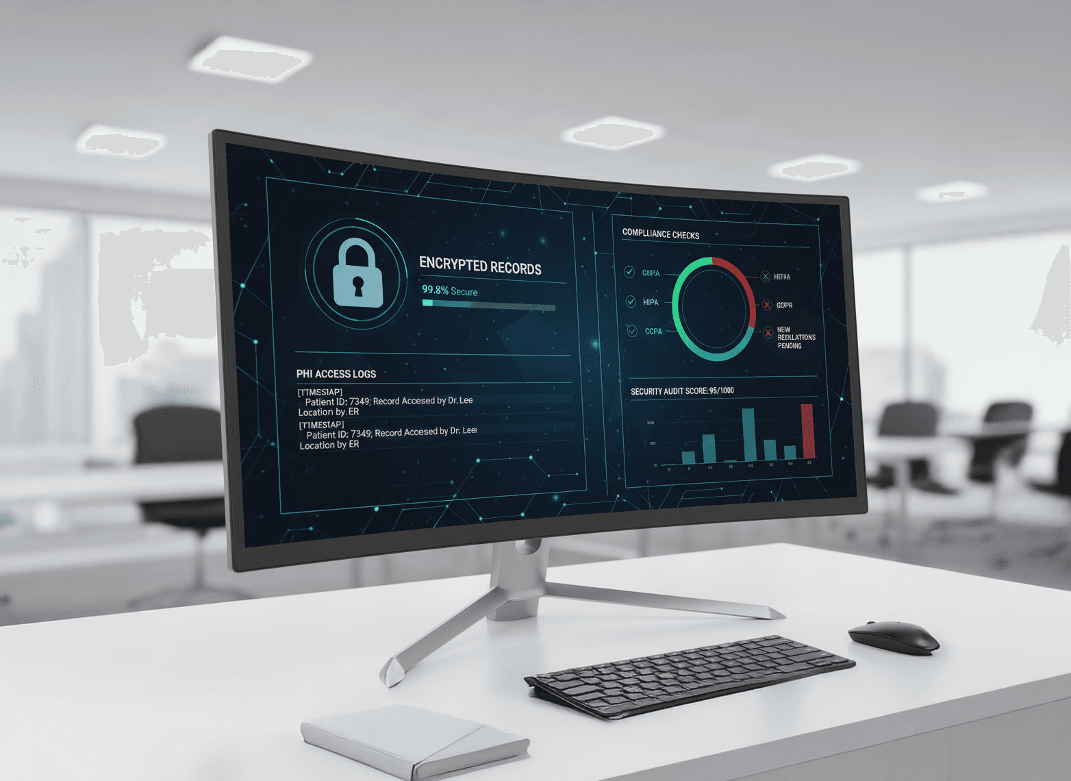 “Healthcare privacy and security dashboard with encrypted records, PHI access logs, and compliance checks.”