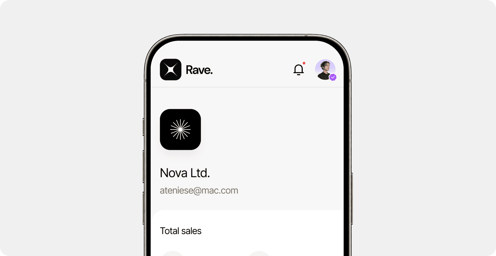 Mobile interface of the Rave app showing the Nova Ltd. company dashboard