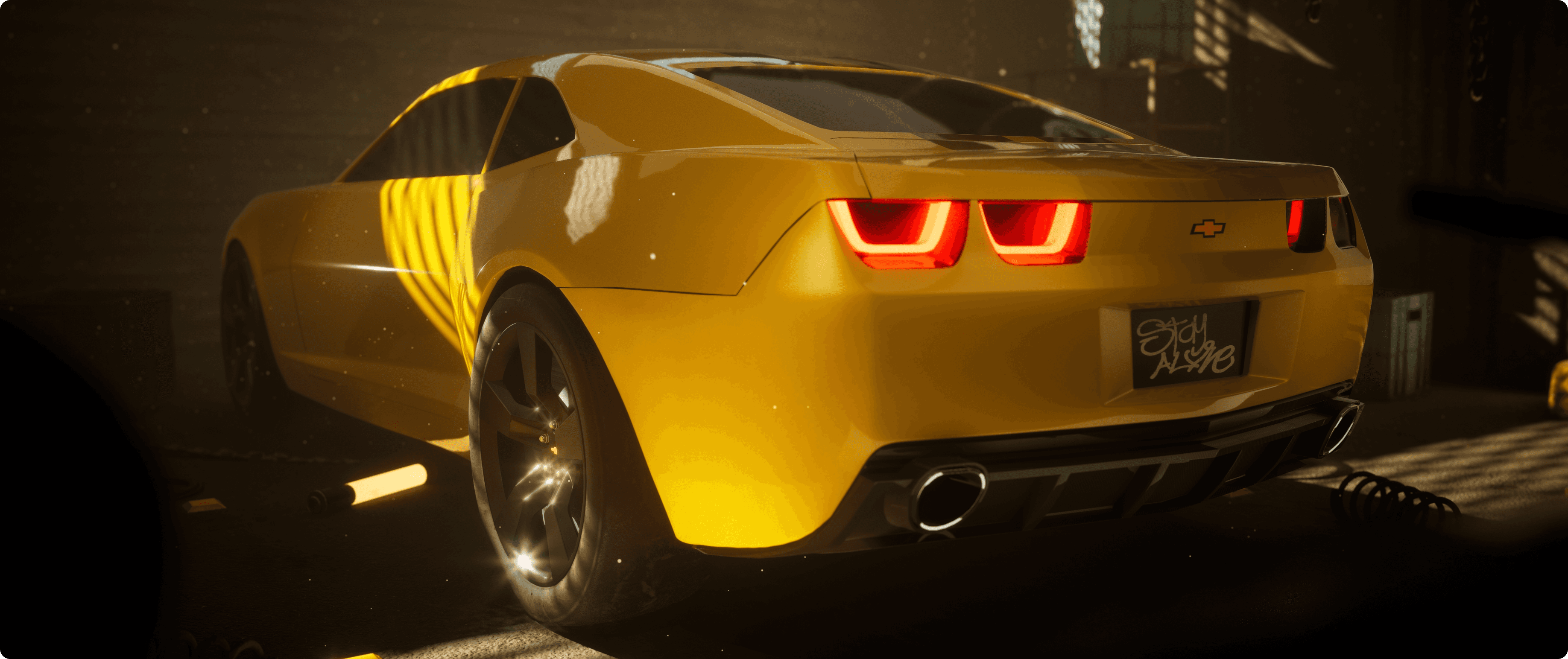An unreal engine 5 cinematic render of Chevrolet Camaro in a lake side garage environment.