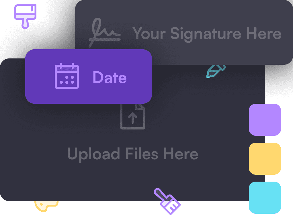 Digital interface with overlapping dark panels featuring prompts: “Your Signature Here,” “Date,” and “Upload Files Here.” Hover icons suggest interactivity.