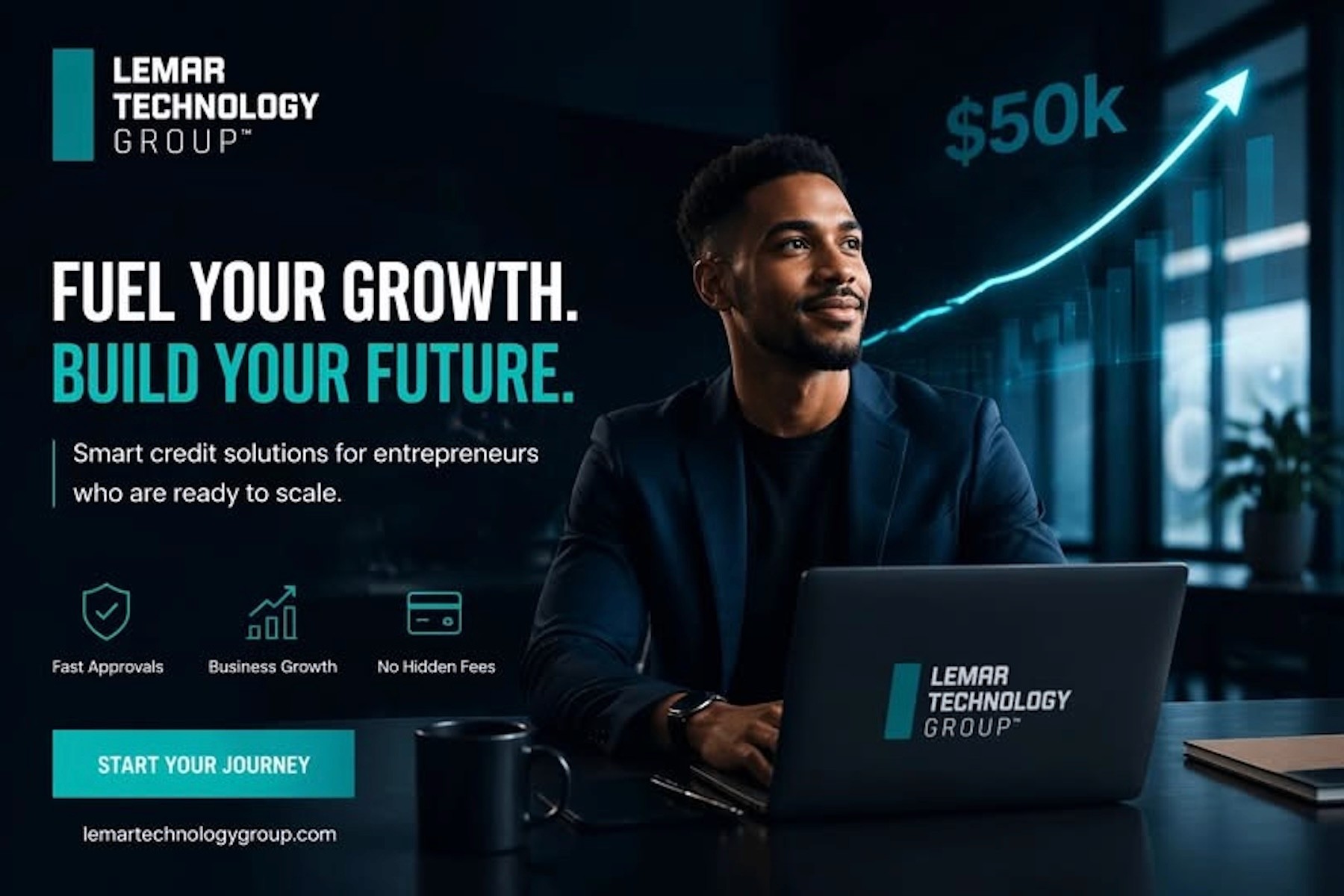 Entrepreneur using laptop beside LEMAR TECHNOLOGY GROUP branding promoting business credit solutions and growth.