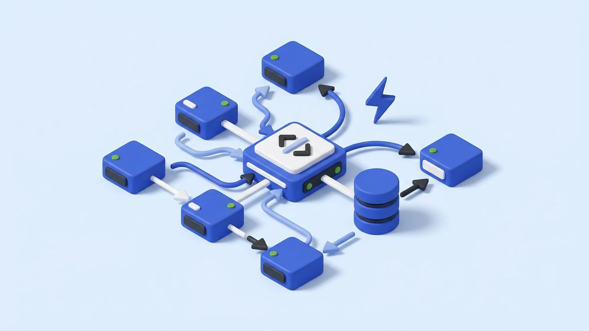 Illustration 3D d'une architecture microservices Python FastAPI adaptée à l'offshore