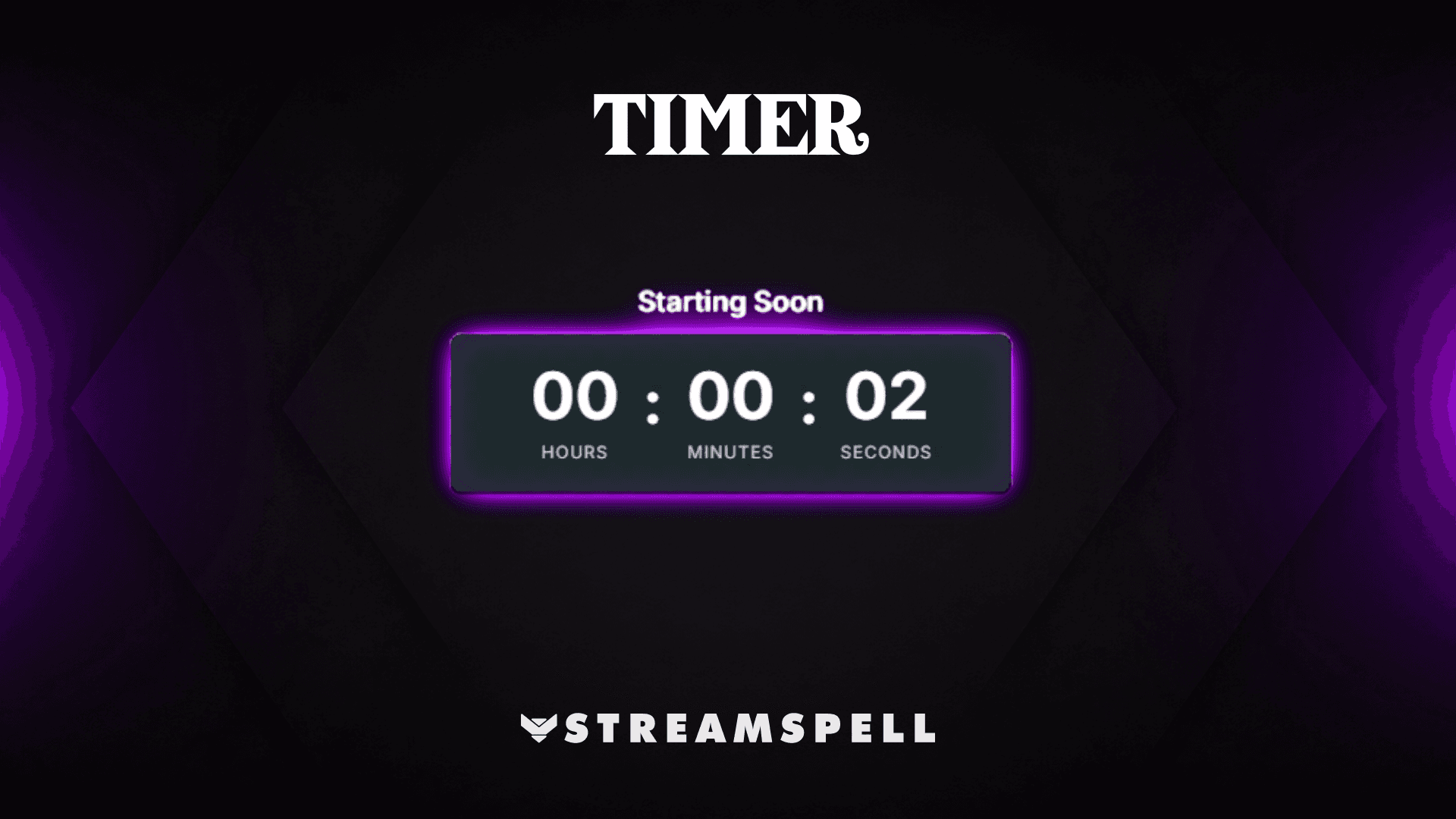 StreamSpell Timer Widget preview with a Starting Soon countdown and the StreamSpell watermark.