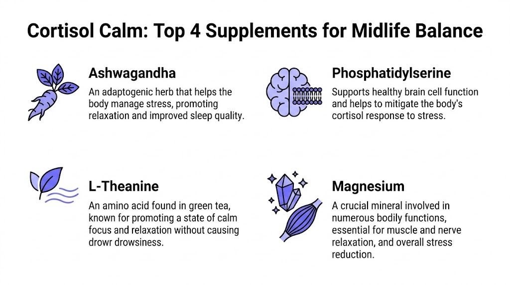 A graphic listing four supplements: Ashwagandha, Phosphatidylserine, L-Theanine, and Magnesium, which help manage stress and balance cortisol.